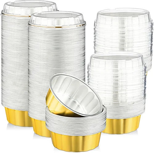 Vista 8 de Tessco for you 200 moldes desechables con tapas, 8 onzas, Ramekin Creme Brulee Ramekin, papel de aluminio, para cupcakes, para hornear, San plateado