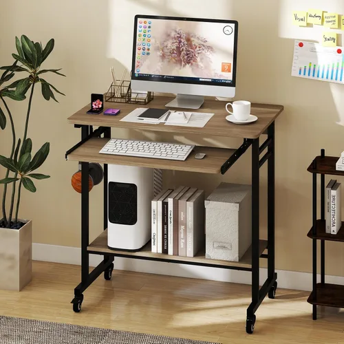 Vista 2 de Tangkula Carro de escritorio rodante para computadora con bandeja para teclado, escritorio portátil móvil para laptop con soporte para CPU y 3