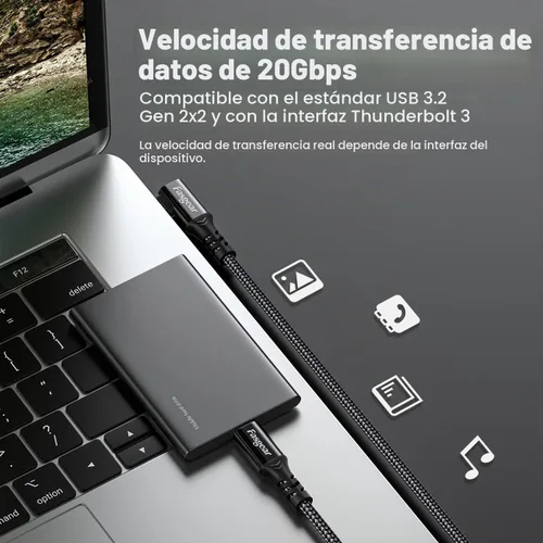 Vista 2 de Fasgear Cable USB C a tipo C 3.2 Gen 2x2 de 3 pies, carga de 20 Gbps 100 W, cable USB-C trenzado de video 4K de 90 grados, compatible con MacBook