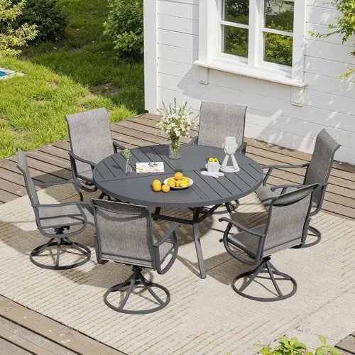 Vista 13 de VICLLAX Muebles pequeños de exterior de 3 piezas, 2 sillas giratorias de patio y mesa redonda pequeña para 2, sillas de carbón oscuro y negro