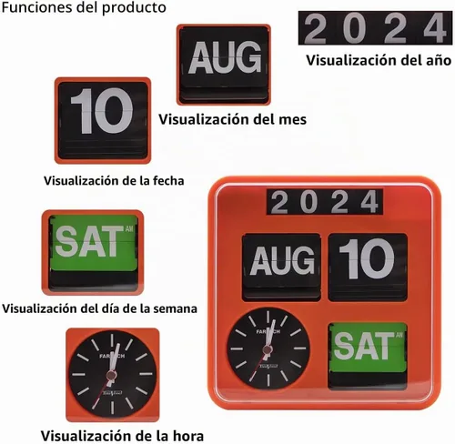 Vista 2 de Reloj de pared retro moderno de 9.45 pulgadas con calendario, fecha, escritorio abatible, negro, (sin batería incluida) (ámbar)