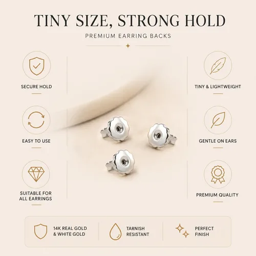 Vista 6 de Everyday Elegance Reemplazo de Respaldo de Dos Aretes de Oro Blanco Sólido 14K Rosca de Tornillo que se Enrosca y Desenrosca Bloqueo de Respaldo
