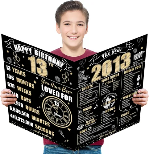 Vista 16 de Turypaty Tarjeta de 10 cumpleaños grande con sobre para niños y niñas, libro de firmas de invitados gigante de feliz 10 cumpleaños en negro y oro