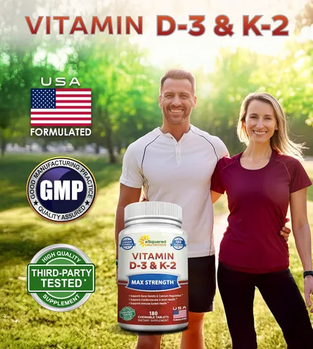 Vista 3 de aSquared Nutrition Vitamina D3 con suplemento K2-180 tabletas masticables, colecalciferol D-3 de fuerza máxima y K-2 MK7 para apoyar huesos