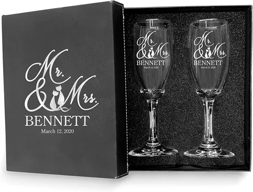 Vista 41 de Juego de 2 copas de champán personalizadas para boda grabadas con caja - Bride & Groom's Wedding Toast