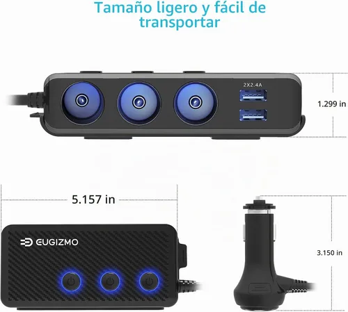 Vista 6 de EUGIZMO 7 en 1 divisor de encendedor de cigarrillos para coche, adaptador de cargador de 3 zócalos 200W