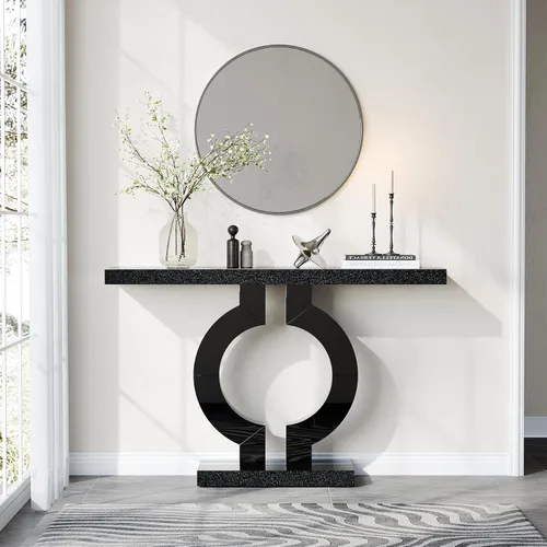 Vista 2 de LITTLE TREE Mesa consola de vidrio espejo de 43 pulgadas con base en forma de O, mesa de entrada de vidrio para sala de estar, moderna mesa de sofá