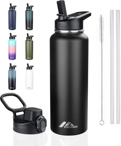 Vista 18 de StarSpeed Botella de agua aislada de 32 onzas con tapa con pajilla, botella de agua al vacío de doble pared de acero inoxidable, botella de agua