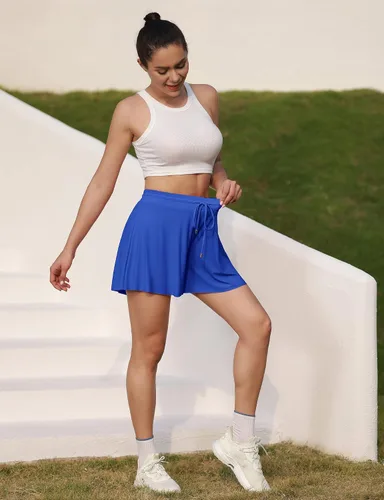 Vista 4 de JACK SMITH Pantalones cortos de correr 2 en 1 para mujer, de secado rápido, pantalones cortos de tenis fluidos para fitness, yoga, entrenamiento