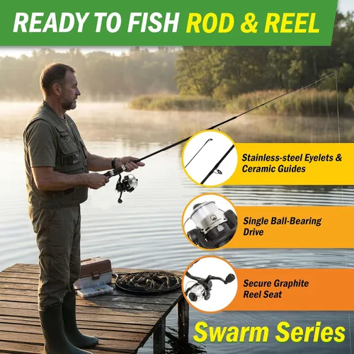 Vista 3 de Wakeman Fiberglass Fishing Rod and Reel Combo – 2-Piece 65-Inch Medium Action Spinning Rod Set for Lake Fishing