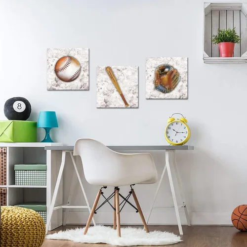 Vista 5 de Biuteawal 3 piezas de impresiones en lienzo de béisbol, arte de pared con temática deportiva, cuadros para decoración de dormitorio de niños, obras