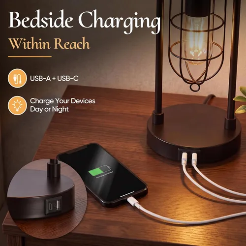 Vista 10 de Juego de 2 lámparas de mesa de granja con puertos USB y luz nocturna, lámpara moderna para mesita de noche para sala de estar y dormitorio