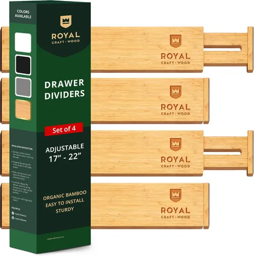 Vista 9 de ROYAL CRAFT WOOD Separadores de cajones ajustables de bambú – Organizador expandible para cocina, dormitorio, baño, tocador y oficina – Paquete de 4