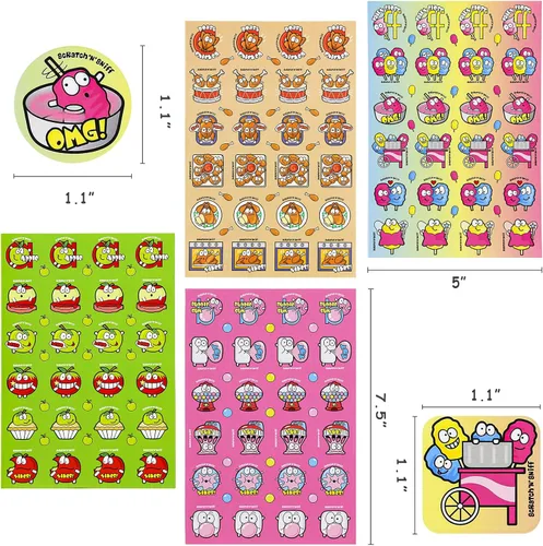 Vista 3 de Calcomanías para rascar y oler, 576 piezas de calcomanías con olor a frutas y alimentos, 24 hojas de aromas, 144 diseños, calcomanías de recompensa