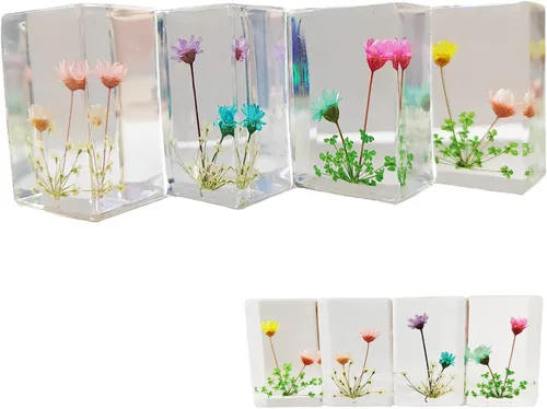 Vista 10 de Pisapapapeles de flores, 6 piezas de resina para escritorio con muestras de flores prensadas reales, decoración de mesa, cubo cuadrado transparente
