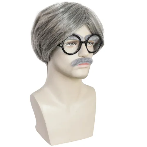 Vista 4 de Anogol Juego de 4 gorras de pelo para hombre viejo, para 100 días de escuela, disfraz de abuelo, peluca corta gris para Halloween, cosplay, fiesta