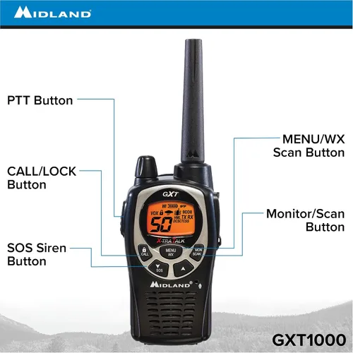 Vista 2 de Midland GXT1000VP4 Radio bidireccional GMRS de 50 canales – Walkie Talkie de hasta 36 millas – Negro/Plata (paquete de 4)