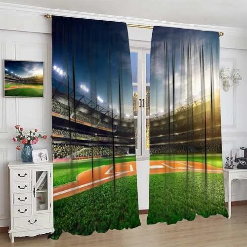 Vista 3 de Cortinas de ventana de campo deportivo, béisbol profesional Grand Arena en la luz del sol, bolsillo para barra, tratamientos decorativos