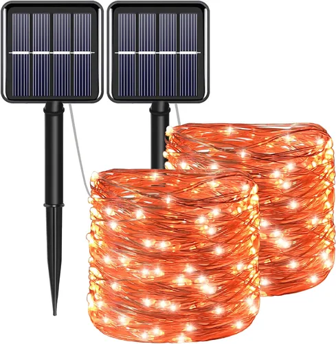 Vista 10 de Tira de luces solares azules de Navidad al aire libre impermeables, 2 paquetes, total 200 LED, 20.1 m, 8 modos, luces de hadas de cobre