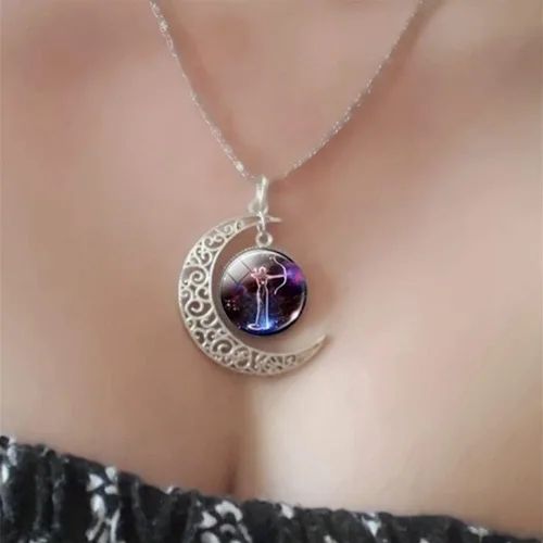 Vista 2 de Collar de constelación del zodiaco con 12 piedras preciosas del tiempo, horóscopo, astrología, luna creciente, collar para mujeres y hombres