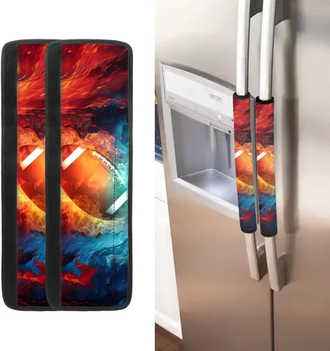Vista 2 de Juego de 2 fundas para manijas de refrigerador, diseño de llama de fútbol americano, guantes de electrodomésticos de cocina, antideslizantes, a