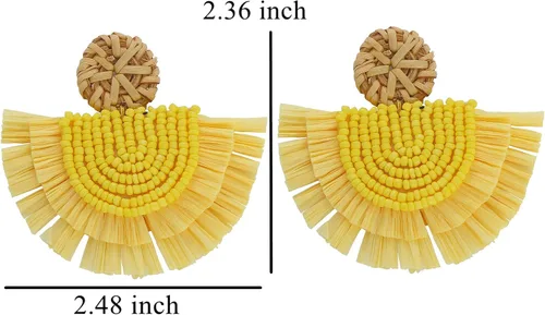 Vista 5 de COIRIS Aretes bohemios con flecos y borlas largas colgantes de rafia para mujer