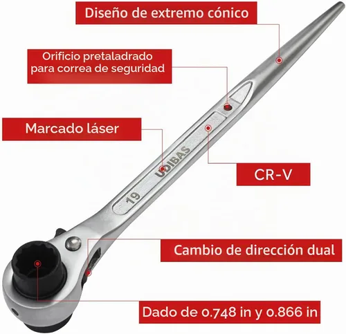 Vista 5 de 2 piezas 19 mm × 22 mm (o 3/4" x 7/8") llave de trinquete de carraca de doble extremo de 12 puntos de grado profesional para andamio, plata