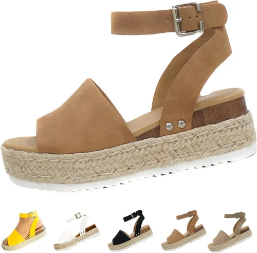 Vista 12 de DevilAngel Sandalias de cuña casuales de verano con hebilla y hebilla para el tobillo y plataforma plana para mujer Negro