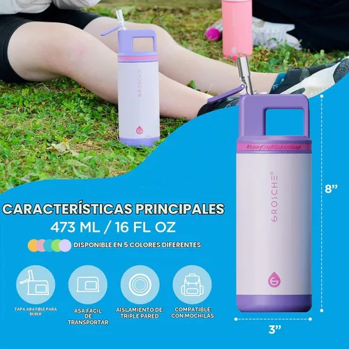 Vista 8 de GROSCHE Alpine Flip N Sip - Botella de agua para niños, tapa con popote