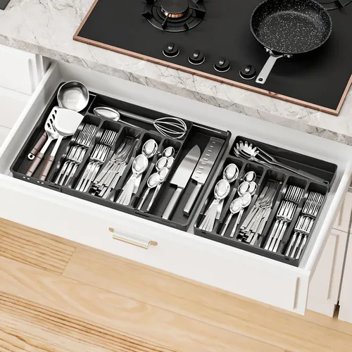 Vista 6 de Yieach Organizador de cajones de cubiertos expandible negro – Se ajusta de 11'' a 22'' – Organizador de cuchillos, cubiertos, cucharas y tenedores