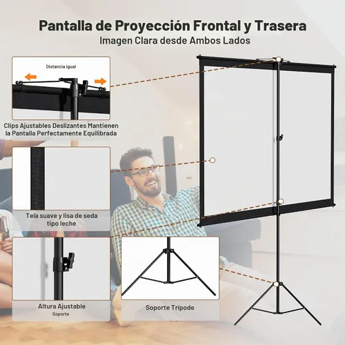Vista 3 de Pantalla de proyector con soporte de trípode, pantalla de cine para interiores, pantalla de proyección portátil de 80 pulgadas, pantalla 4K lavable