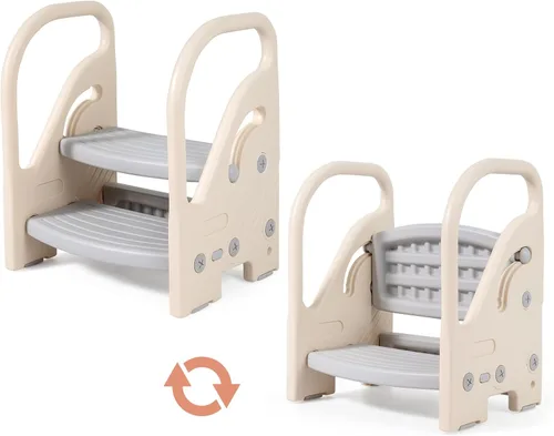 Vista 9 de Costzon Taburete auxiliar ajustable de 2 pasos para niños pequeños con asas de seguridad y almohadillas antideslizantes, escalera de plástico