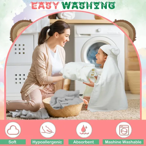 Vista 5 de Xtinmee Toallas de baño con capucha para niños de 0 a 5 años de 28 x 47 pulgadas, toalla absorbente con capucha para bebé con orejas de oso, toallas