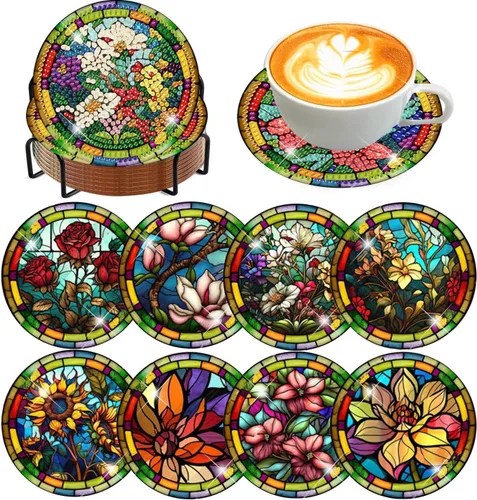 Vista 12 de Meothan Juego de 8 posavasos de arte de diamante para adultos con soporte, almohadillas de corcho, posavasos de arte de puntos de diamante de vidrio