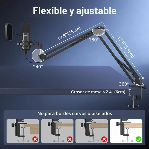 Vista 6 de TONOR Micrófono de PC con kit de brazo Boom para podcast, micrófono de condensador para computadora, recogida cardioide, micrófono USB con soporte