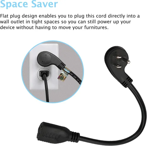 Vista 7 de Cable de extensión corto de enchufe plano, ángulo recto de 3 puntas, 1625 vatios, 16 AWG, 13 amperios 125 voltios, certificación UL, paquete de 5