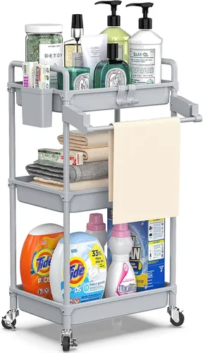 Vista 8 de SPACEKEEPER Carrito de almacenamiento rodante, carrito utilitario de 3 niveles, organización de cuarto de servicio, estantería móvil, organizador