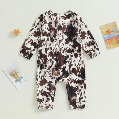Vista 5 de FIOMVA Newborn Western Baby Boy Clothes Highland Cow Print Onesie Jumpsuit Fall Outfit Zipper Cowboy One Piece Romper