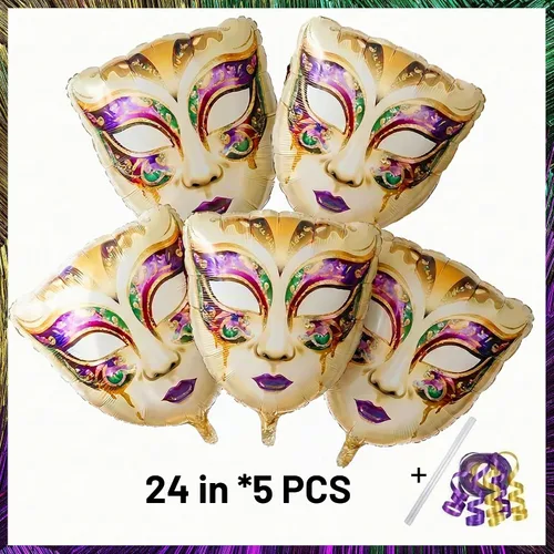 Vista 6 de Globos de Mardi Gras grandes de máscara de papel de aluminio para decoraciones de fiesta de Fat Tuesday divertidas y magníficas, suministros