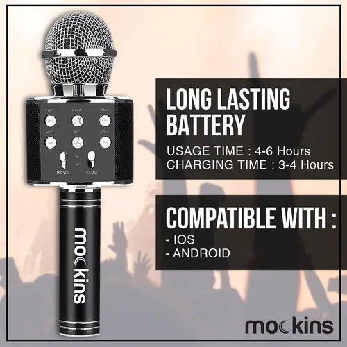 Vista 3 de Mockins Micrófono de Karaoke Bluetooth Negro para Niños con Altavoz Bluetooth Integrado Micrófono Inalámbrico de Karaoke Compatible con iPhone