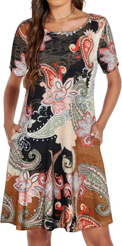 Vista 2 de Vestidos de verano para mujer, informales, holgados, estilo camiseta, florales, de manga corta, con vuelo y bolsillos, para la playa