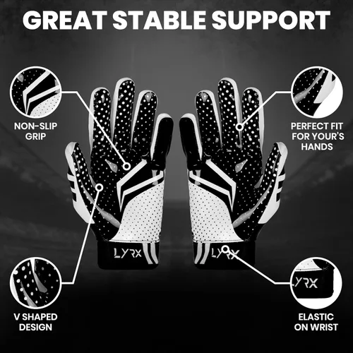Vista 3 de LYRX Football Gloves for Youth & Adults, Super Sticky Receiver Gloves with Silicone Grip Palm, Lightweight Breathable Football Gloves for Kids Negro