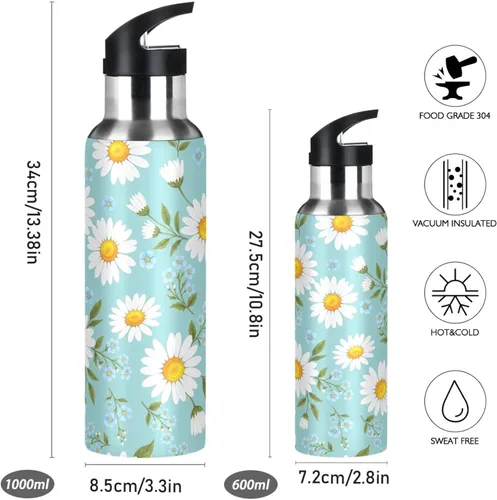 Vista 2 de Daisies - Botella de agua de acero inoxidable aislada al vacío con diseño de flores amarillas y azules, botella de agua deportiva de 32 onzas sin