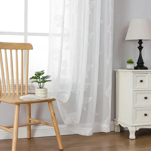 Vista 78 de VISIONTEX 2 paneles de cortinas traslúcidas de 63 in de largo, cortinas de gasa semitransparentes bordadas con hojas florales beige, bolsillo