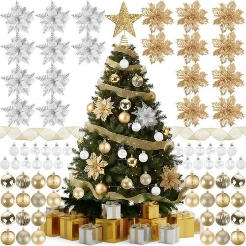 Vista 7 de Skylety Juego de 104 piezas de decoraciones para árbol de Navidad, adorno colgante azul de Navidad, bolas para árbol, estrella para la punta, flor