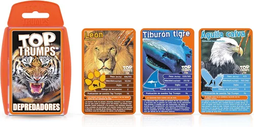 Vista 2 de Top Trumps Juego de cartas Deadliest Predators Edición en español, aprende sobre el gran tiburón blanco, el dragón de Komodo y la Cobra Real en este