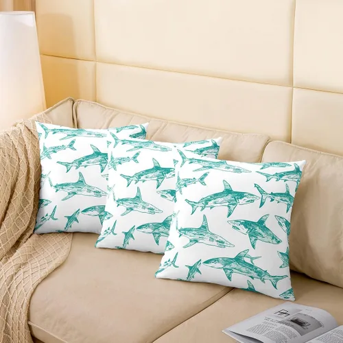 Vista 4 de Erosebridal Funda de almohada con diseño de tiburón de 16 x 16 pulgadas, diseño de vida oceánica, para niños y niñas, color verde azulado, acuarela