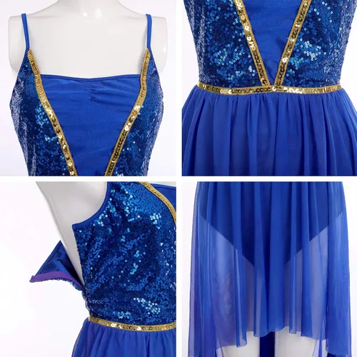 Vista 6 de ODASDO Vestido de baile con lentejuelas brillantes para mujer, con tirantes delgados, malla alta y baja, de tul lírica, moderno, contemporáneo