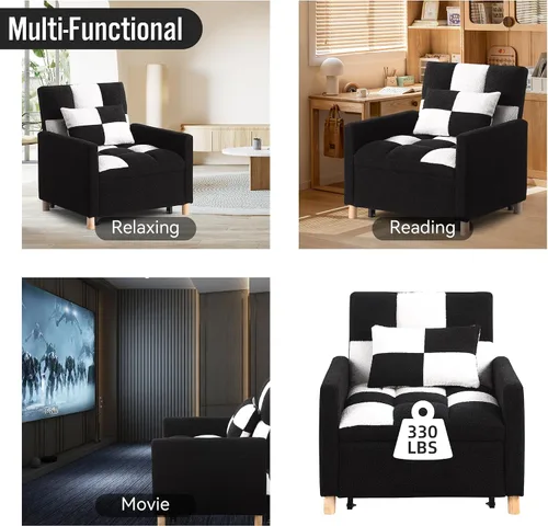 Vista 5 de Sofá cama convertible 3 en 1, silla convertible multifuncional, tela de peluche suave para sala de estar, apartamento, oficina Negro&blanco
