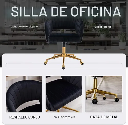 Vista 7 de Silla de oficina para el hogar, silla giratoria de terciopelo para escritorio, sillón de acento tapizado, sillas modernas capitoneadas con base Negro